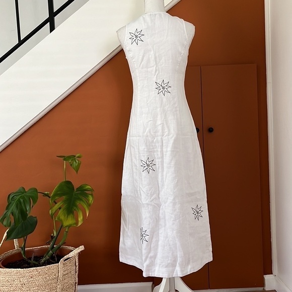 Madewell Linen Button Midi Embroidered Dress in Size 2 White Boho Square Neck - Picture 6 of 12